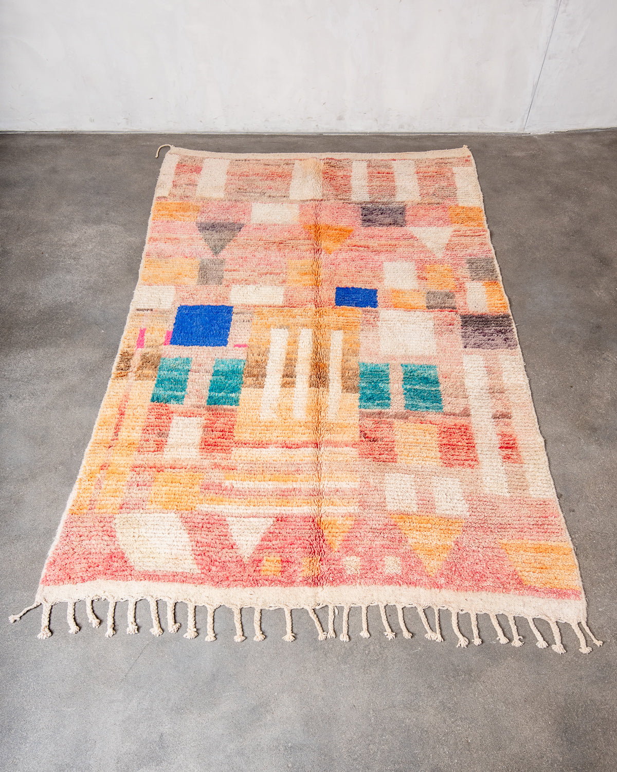 Modern, designer, handcrafted Berber rug from Morocco. Vintage carpet with beautiful colours and patterns and fluffy texture.